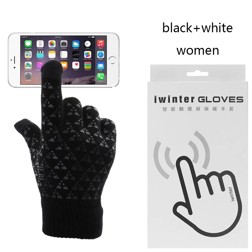 women black white Новая мода, 1 пара, вязаные перчатки, мужские, зимние, теплые, с флисовой подкладкой, теплые, вязаные перчатки, для улицы, WarmerAccessories - Цвет: women black white
