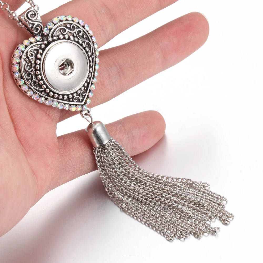 

2019 Newest 18mm Snap Button Love Heart Long Tassel Necklace Jewelry with Chain Fit 18mm Snap Necklace Pendant Jewelry for Women