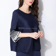 Miyake модный стиль Футболки Семь рукавом Свободные раза оборками Flare рукавом Футболки