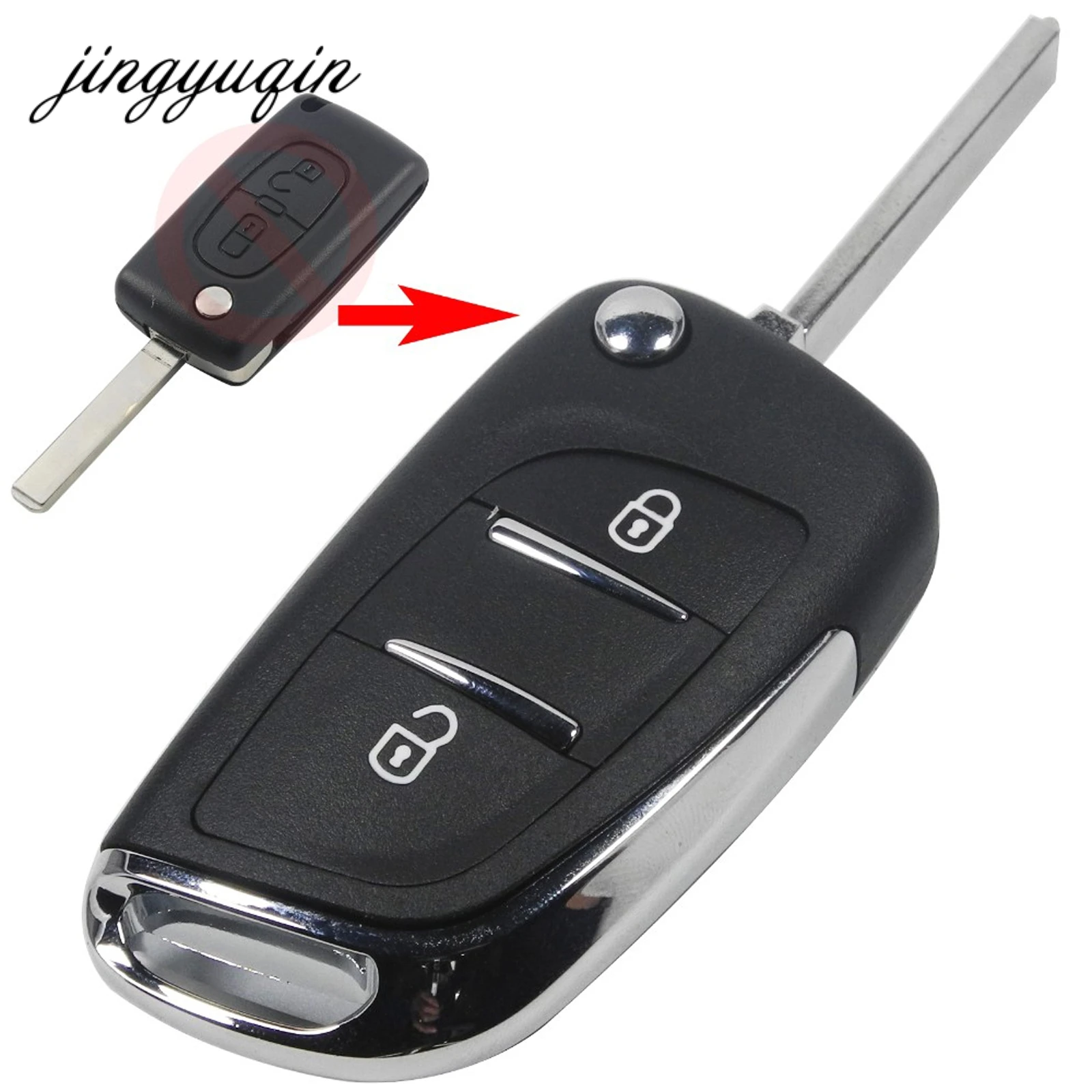 

jingyuqin VA2 Uncut Blade 2 Button Modified Flip Folding Key Shell For Peugeot 306 407 807 partner Remote fob Case Chrome