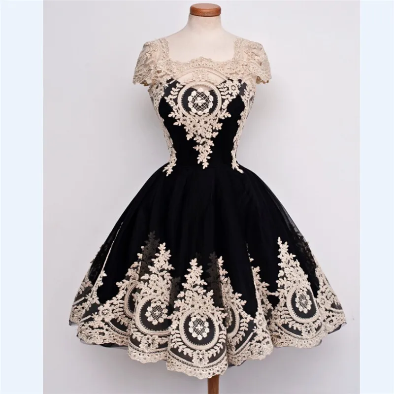 Charming-Black-Homecoming-Dresses-A-Line-Square-Applique-Lace-Short-Tulle-Semi-Formal-Ddress-Real-Images