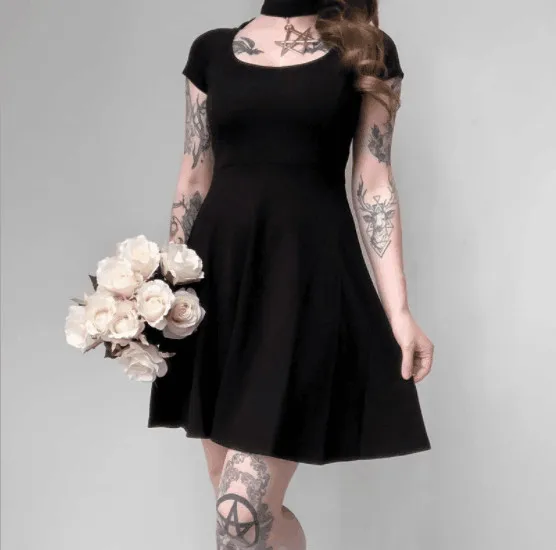 

Female Gothic Halter Hexagonal Star Elegant Pleated Black Dresses Summer 2019 Fashion Hollow out Sexy Harajuku Punk Dress