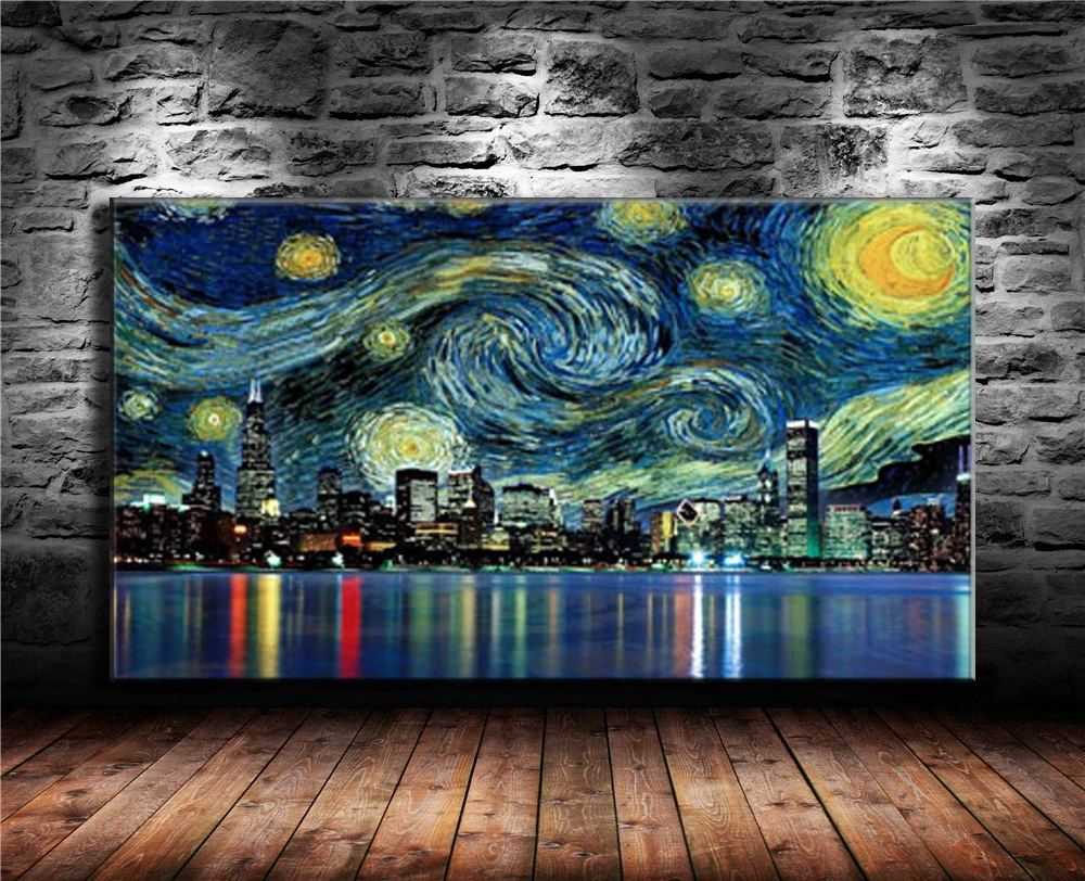 Starry Night City Canvas Painting Living Room Home Decor Modern Mural
