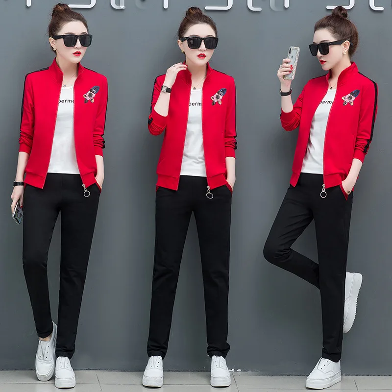 

Casual sports suit female spring and autumn 2019 new loose fashion collar cardigan long-sleeved trousers thin three-piece T95