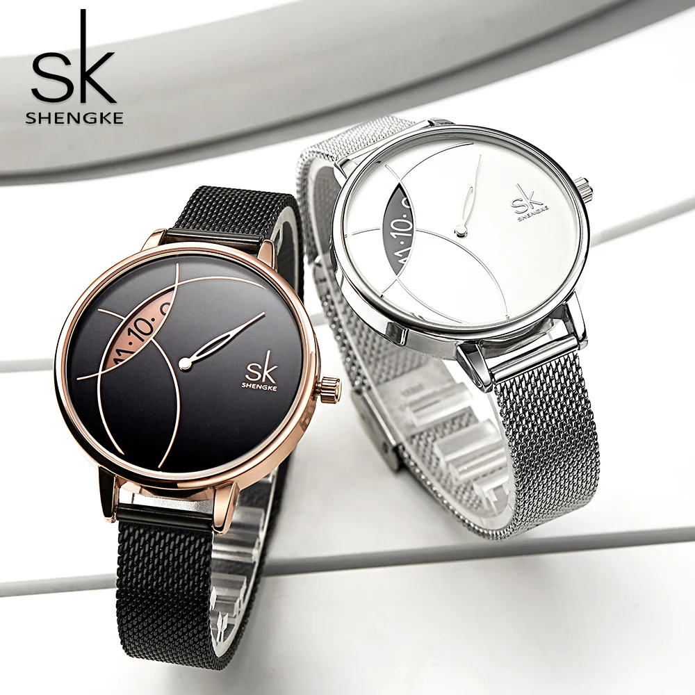 

SK Women Fashion Watch Creative Ladies Wrist Watch Stainless Steel Mesh Band Stylish Desgin Silver Quartz Watch for Female reloj