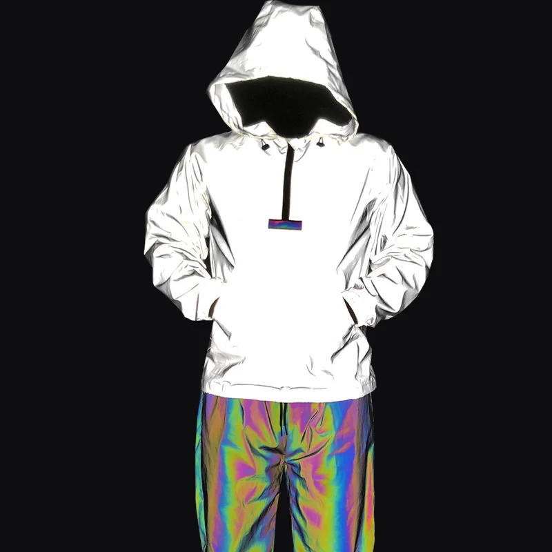 

ABOORUN Hip Hop 3M Reflective Jacket Men/Women Streetwear Night Shiny Zipper Coats Jacke for Men R1394