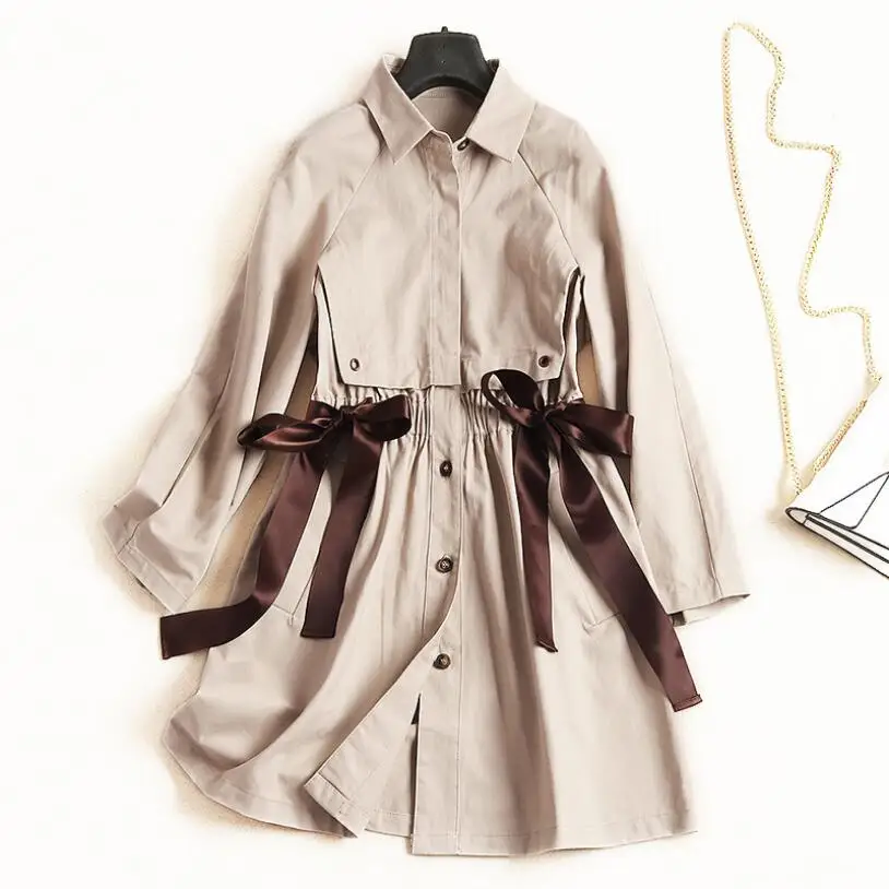 

Draw String Women's Windbreaker Lace Up High Waist Single Breasted Long Jacket Female Autumn Casual Clothing 2018