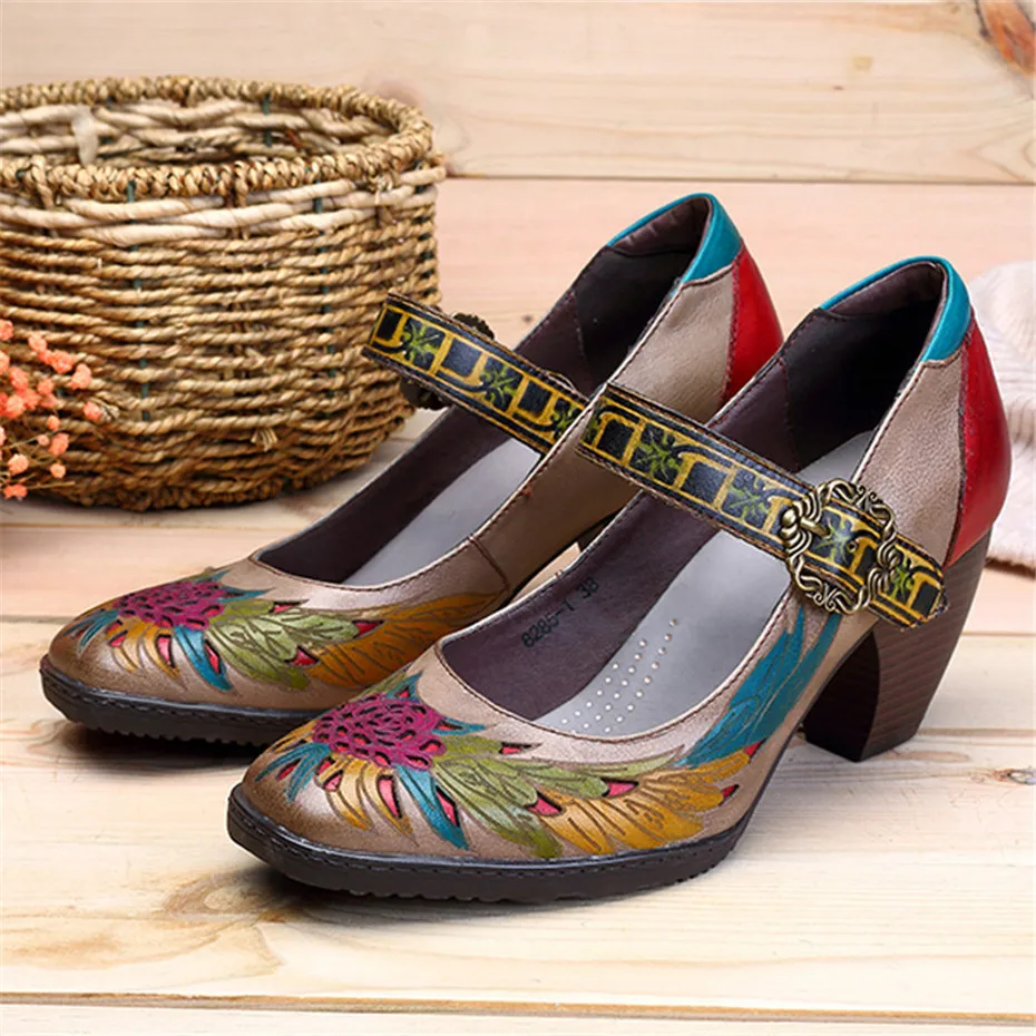 Vintage Printed Pumps Women Shoes Genuine Leather Block High Heels Ankle Buckle Strap Mary Janes Shoes Woman Retro Heels Zapato (10)