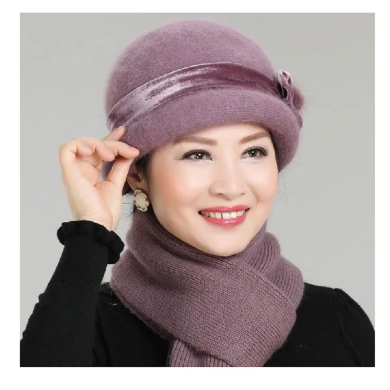 New Fashion Women Winter Hat Sets Floral Skullies Wool Mixed Rabbit Fur Warm Outdoor Knitted Beanies Baggy Headwear Cap