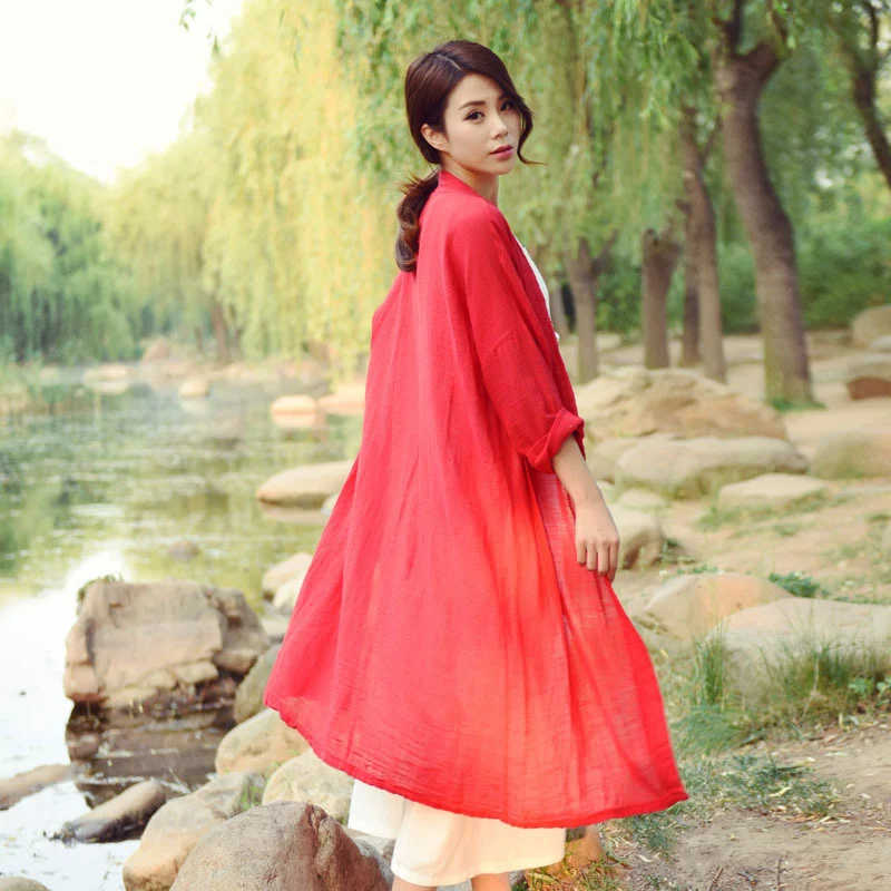 

OriGoods Long Blouse Women Kimono style Red White Blouse Shirt Plus size Vintage Chinese style Long Blouse Summer Tops C002