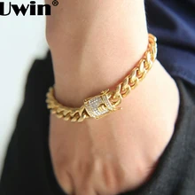 Uwin 10& 13& 15 мм кубинские звенья браслет для мужчин полный Iced Out коробочка со стразами Застежка Высокое качество браслеты из нержавеющей стали ювелирные изделия Хип-хоп