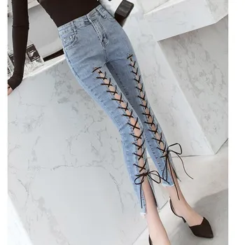 

Women Cross Strap Bandage Hollow Out Jeans High Fashion Sexy Lace Up Hole Tight Trousers Denim Pencil Pants