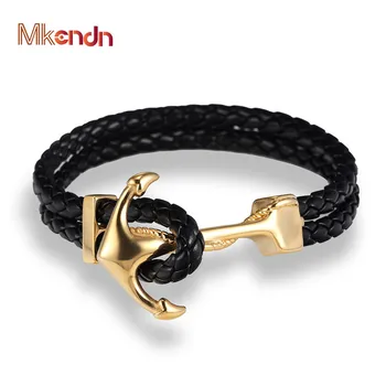 MKENDN Genuine Handmade Braided Vintage Leather Anchor Bracelets Men Stainless Steel Punk Jewelry Pulseras