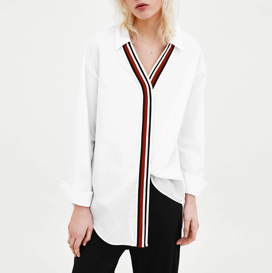 

Women Blouses 2019 New Poplin Full Spliced V-Neck Pullover Streetwear Fashion White Shirt Loose Casual