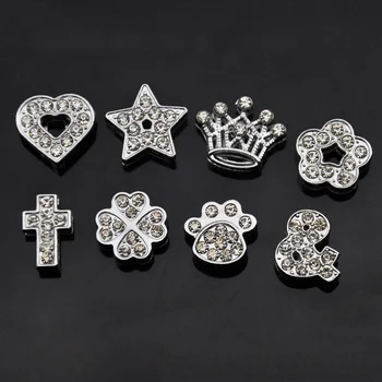 

100PCS 10mm Rhinestone Heart Crown Star Flower Slide Charms Slide Beads DIY 10mm Bracelets Wristbands Pet Collar Belt Strap