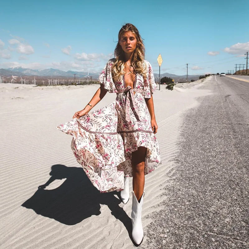 

Boho Sexy Hollow Out Ruffles Women's Dress Casual Flower Print Flare Sleeve Belt Decorative Pleated Beach Dress Summer