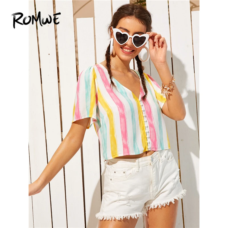 

ROMWE Boho Button Front Colorful Striped Blouse Women Summer 2019 V neck Short Sleeve Placket Crop Elegant Tops And Blouses