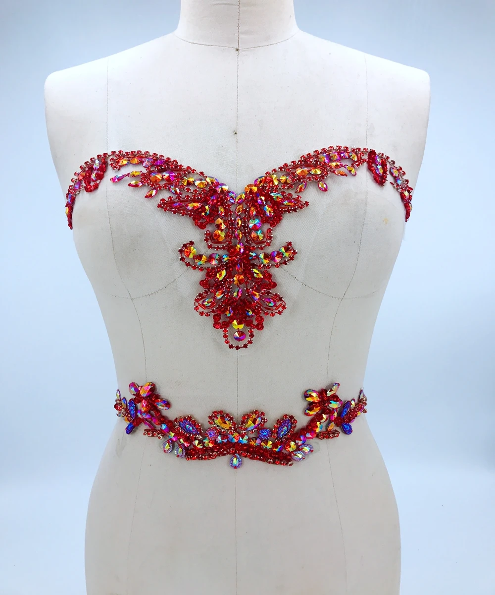 

handmade crystal patches trim sew on red rhinestones applique on mesh 32*18cm&29*7cm for dress accessories