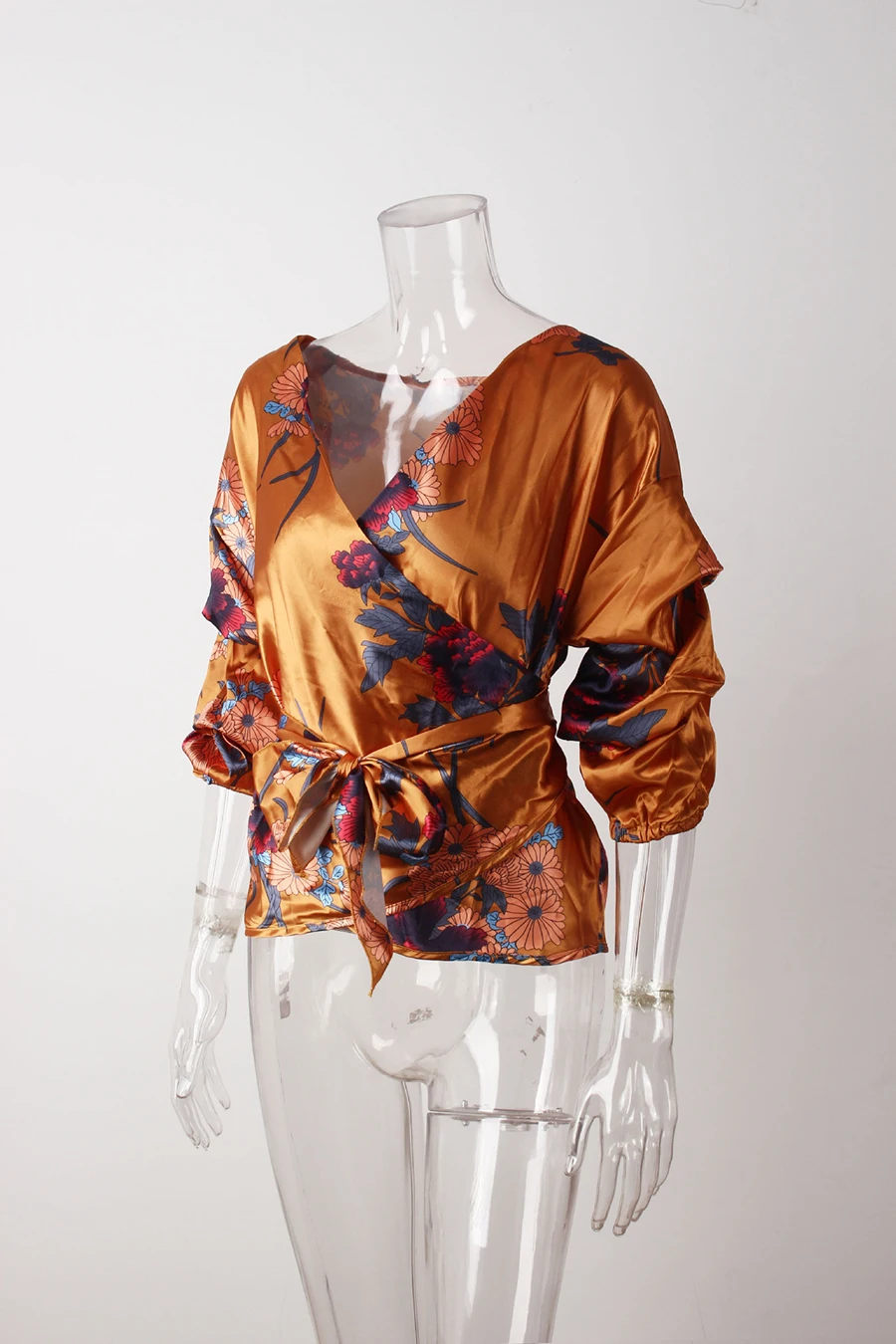 Elegant Women Spring Summer Shirts Boho Style Floral Print Chiffon Tops Blouse V-neck Belt-Bow Shirt Fashion Women's clothing (16)
