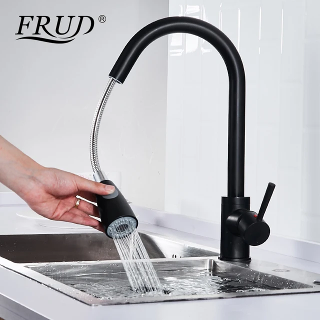 Best Quality Frud Single Handle Luxury Pull Out Kitchen Tap Retro Design Hot Cold Water Mixer Sink Tap Two Ways Black Kitchen Faucet Y40073