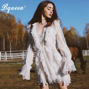 

Bqueen 2019 New Lace Up Long Flare Sleeves Ruffle Frilled A-line Skater Mini Dress Sweet Girls Romantic Street Style