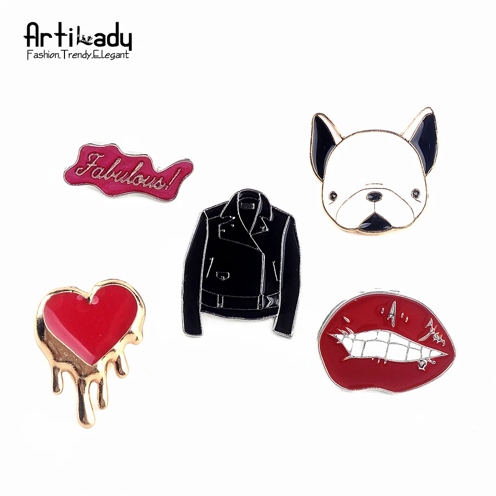 

Artilady Cute Dog Enamel Brooch Set Pins Heart Red Lip Coat Pattern Brooches for Women Jewelry for the Jacket Badgets