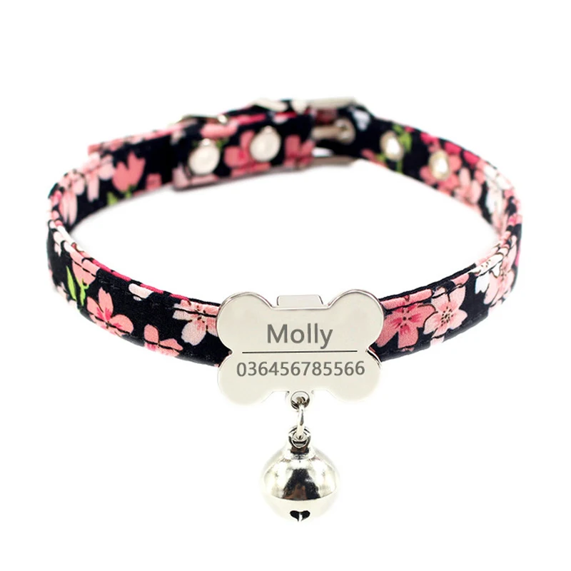 

Personalized Cat Collar Laser Engraved Name Collar for Cats with ID tags Bell Floral Pattern Cat Supplies Pet Products