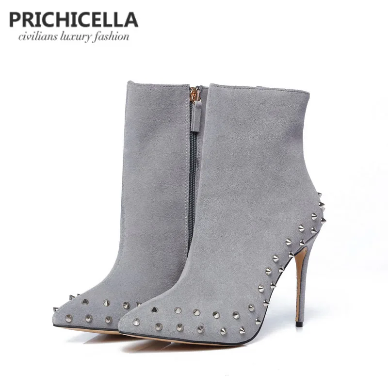 En Ligne PRICHICELLA véritable cuir gris daim bout pointu clouté 10 cm mince talons bottines size34 42