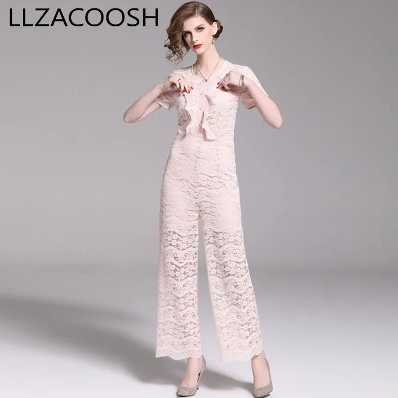 

Women's New Lace Hollow Out Jumpsuits Pink Ruffles Wide Leg Loose Playsuits Elegant Work Wear Business Clothes Femme