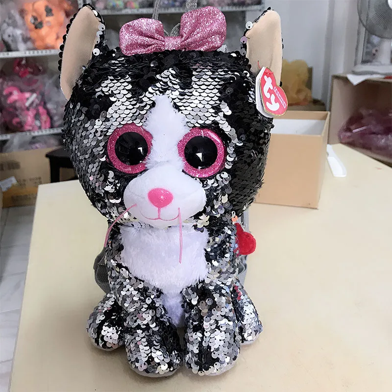 

TY Fashion 30CM KIKI the Grey Cat Flippy Color Changing Plush Stuffed Animal Collectible Toy Sequin Backpack Gift Toys