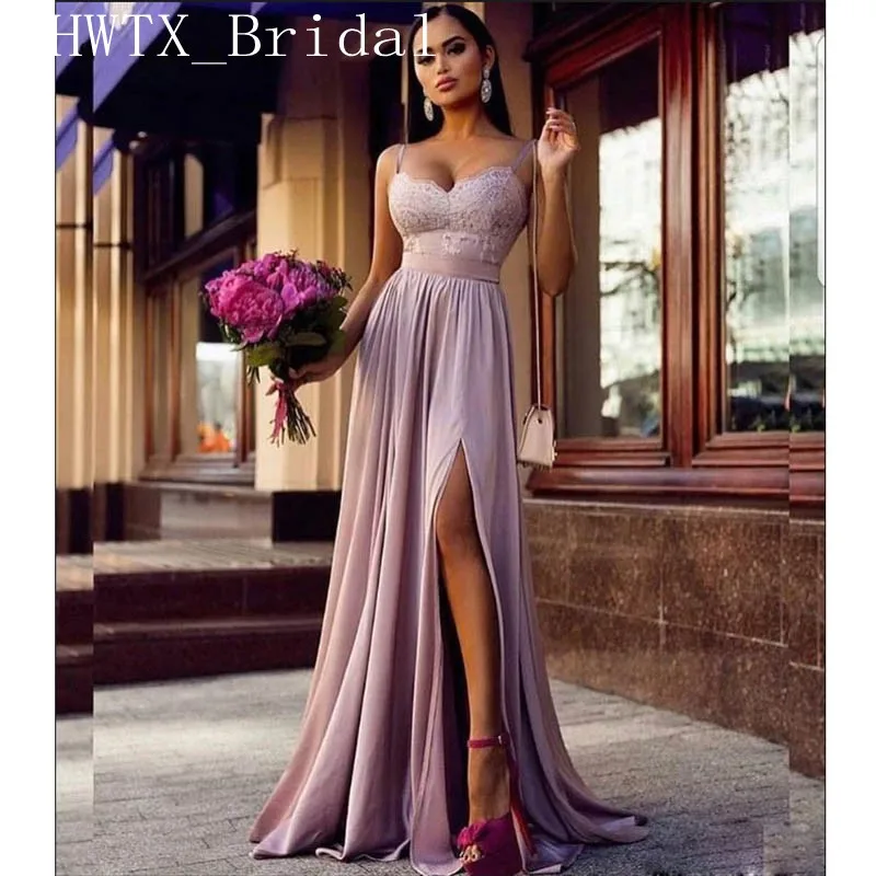 

Lavender Chiffon Bridesmaid Dresses 2019 Side Split Long Elegant A Line Spaghetti Straps Sweetheart Lace Wedding Guest Dress