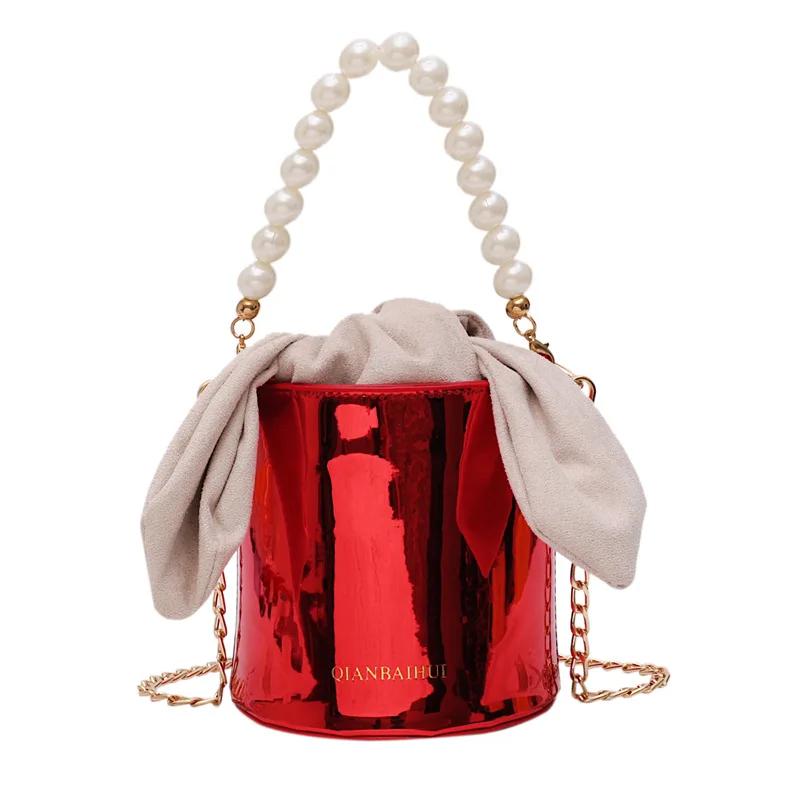 

2019 Pearl Handle Mini Bucket Tote Bag Women Patent Leather Small Handbag Bow Cute Jelly Shoulder Bag Sweet Girls Crossbody Bag
