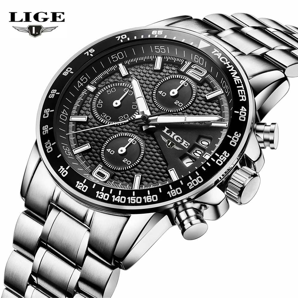 LIGE Men Full Steel Watches Male Fashion Sports Watch Black Quartz Clock Man Military Waterproof Wristwatches Relogios Masculino