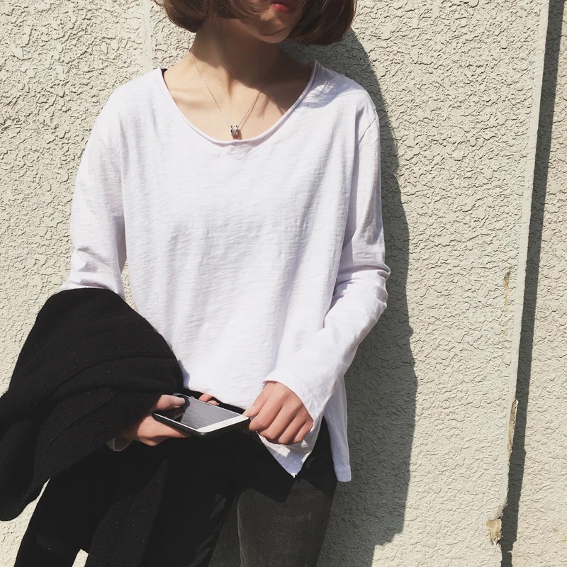 

2019 Spring Korean Version of The Simple Wild Loose Bamboo Cotton White Long-sleeved T-shirt Female Casual Bottoming Shirt