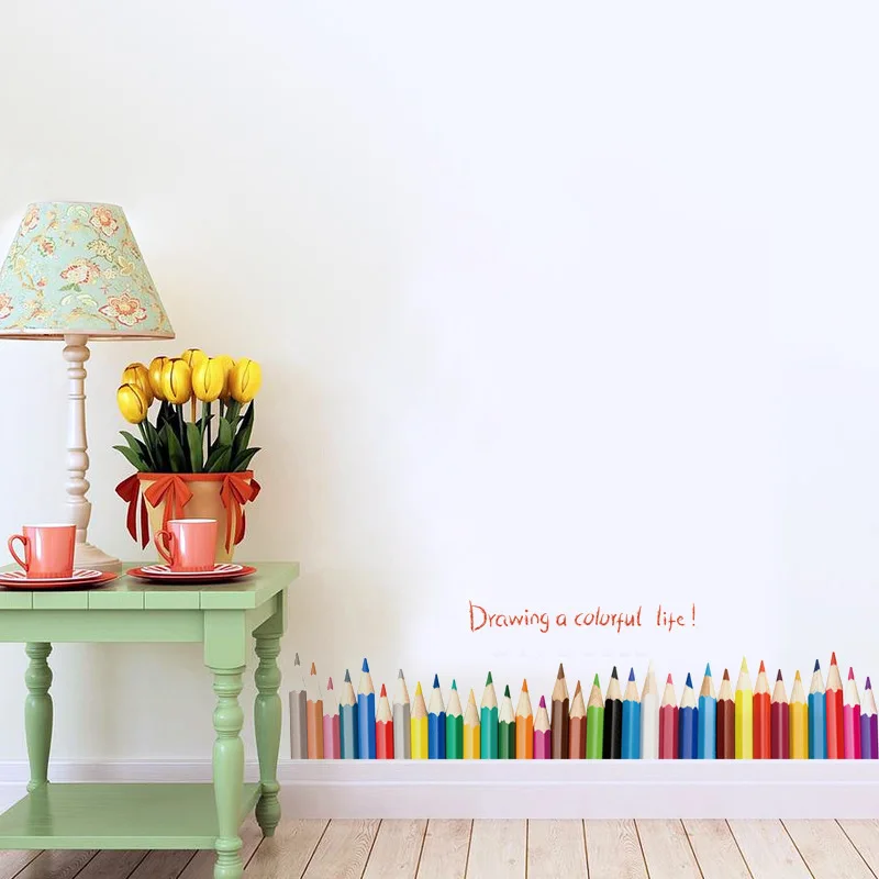 Красочные наклейки на стену с карандашом, для детской комнаты, спальни, ванной, экологически чистые виниловые художественные наклейки, украшение для дома, настенная роспись