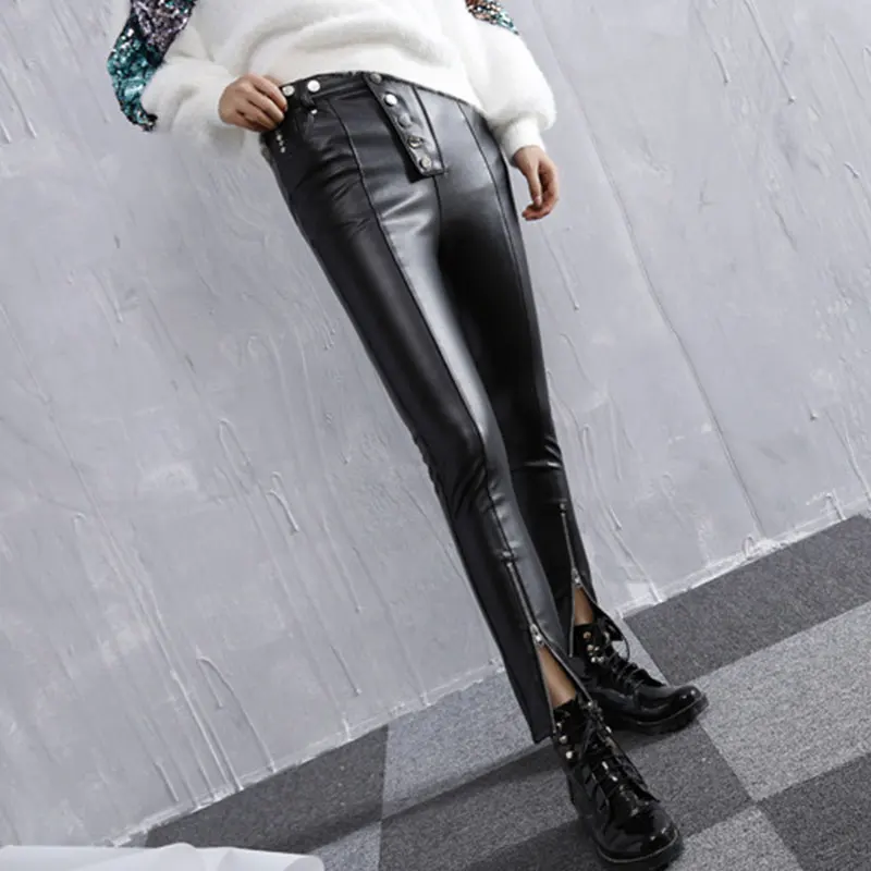

Women Winter Velvet Punk Pu Leather Pants Skinny Push Up Pencil Trouser Thermal Warm Biker Zppier Split Faux Leather Pant Female
