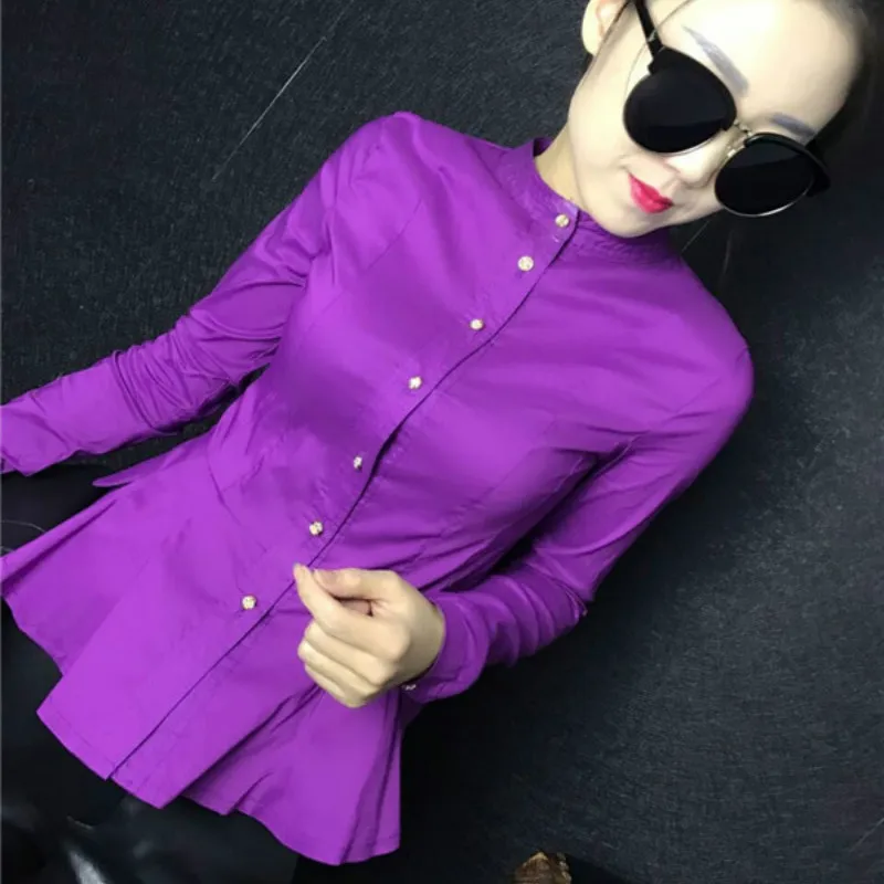 

2019 Long Sleeve Stand Collar Stretchy Cotton Shirts Women Cotton Peplum Tops Wmen Ruffles Cotton Shirts Peplum Blouses Tops