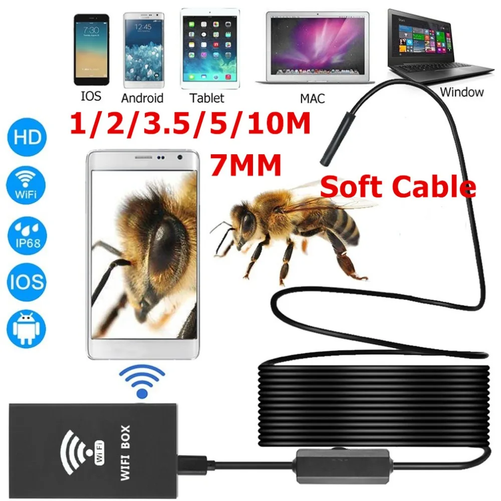 

LESHP 7mm 1280*720 HD Black Smart WIFI Endoscope Camera Cable With Adjustable Light Button For Windows For Android For iOS