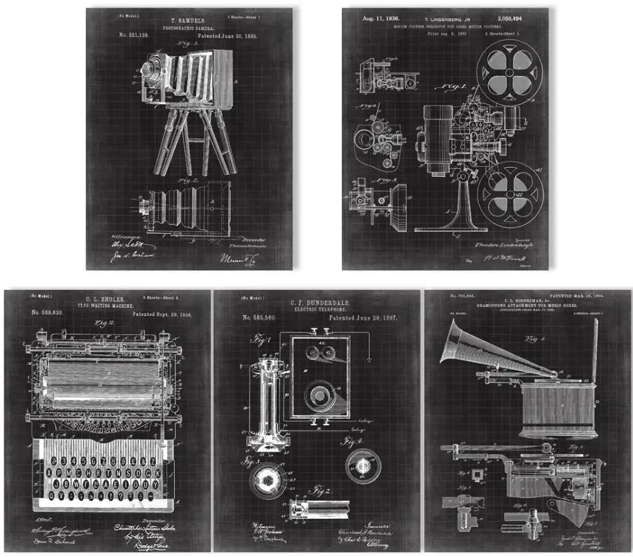 Винтажная запатентованная Художественная печать старого телефона, Фотокамера, проектор, печатная машина 5 в 1 - Цвет: black grid