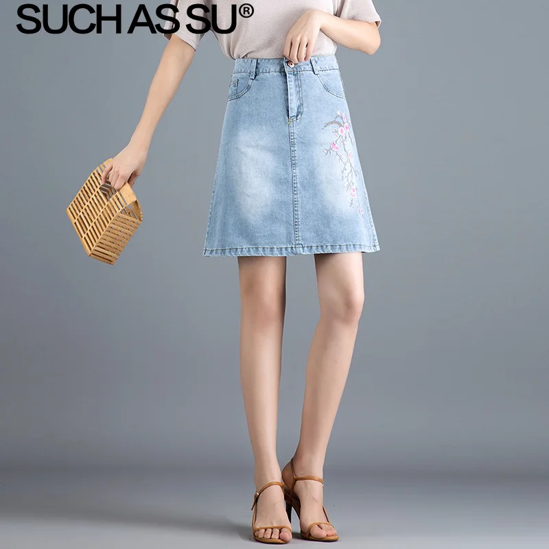 New A Line Skirt Women Korean Blue Plum Embroidery High Waist Jean Short Skirt S-3XL Plus Size Slim Mini Denim Skirts Female
