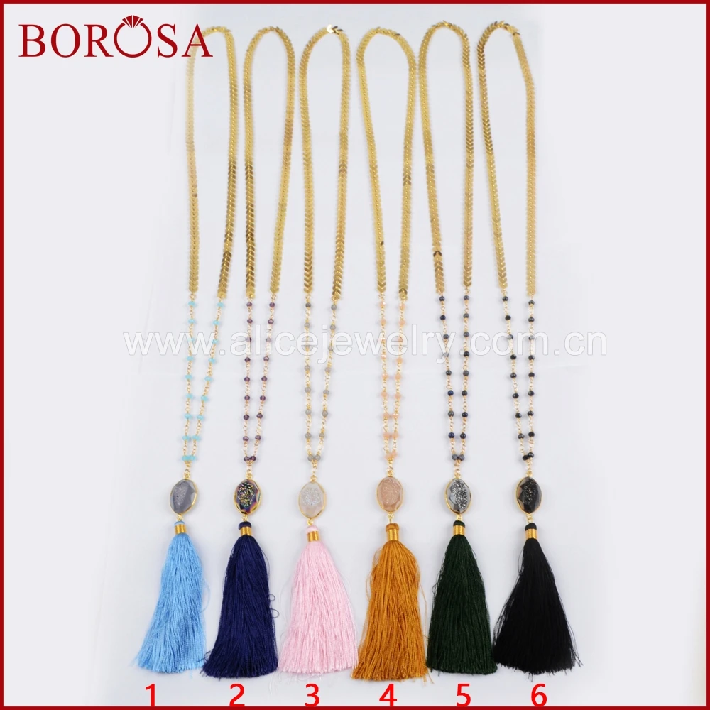 BOROSA 5pcs Hot Selling Gold Color Oval Titanium Druzy Faceted Rainbow Tassel Pendant Necklace Drusy Jewelry for Women G1417 | Украшения и