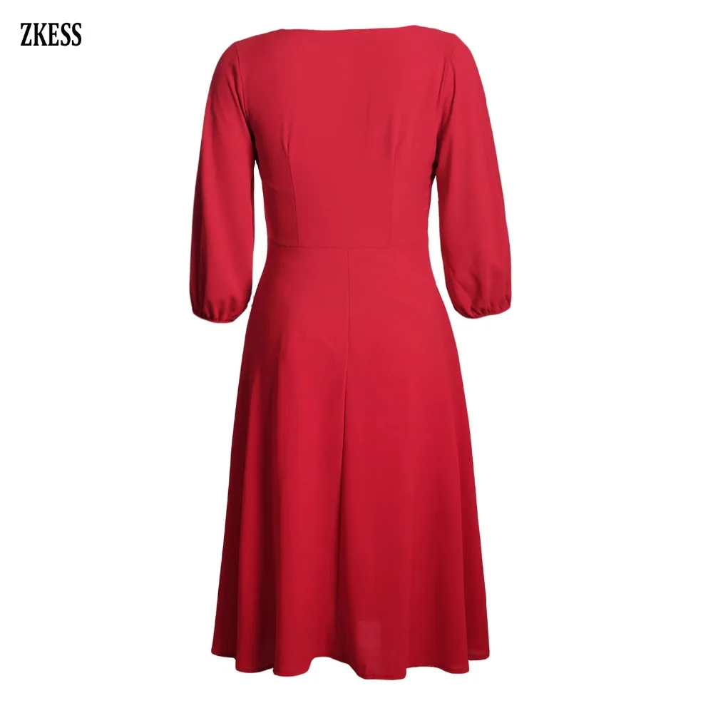Red-Button-Front-Balloon-Sleeve-Vintage-Dress-LC610282-3-4