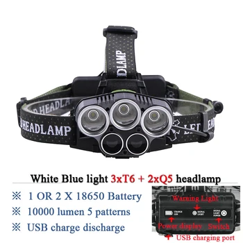 

5led Blue light fishing headlamp xml t6 headlamp 18650 headlight usb charge spotligh hunting camping led lantern lamp head torch