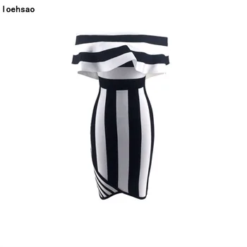 

new arrival autumn women bandage dress black white striped strapless sheath celebrity evening club bodycon dresses vestidos