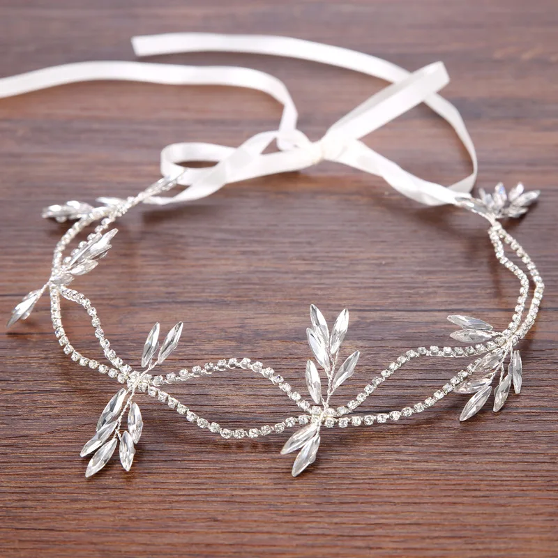 

Handmade Silver Crystal Leaf Ribbon Headband Wedding Hair Accessories Vintage Rhinestone Hairband Tiara Crown Women Headpieces