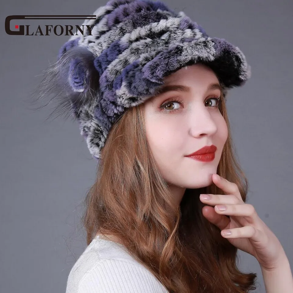 Glaforny 2018 женские модные меховые козырьки вязаные шапки из меха кролика рекс с