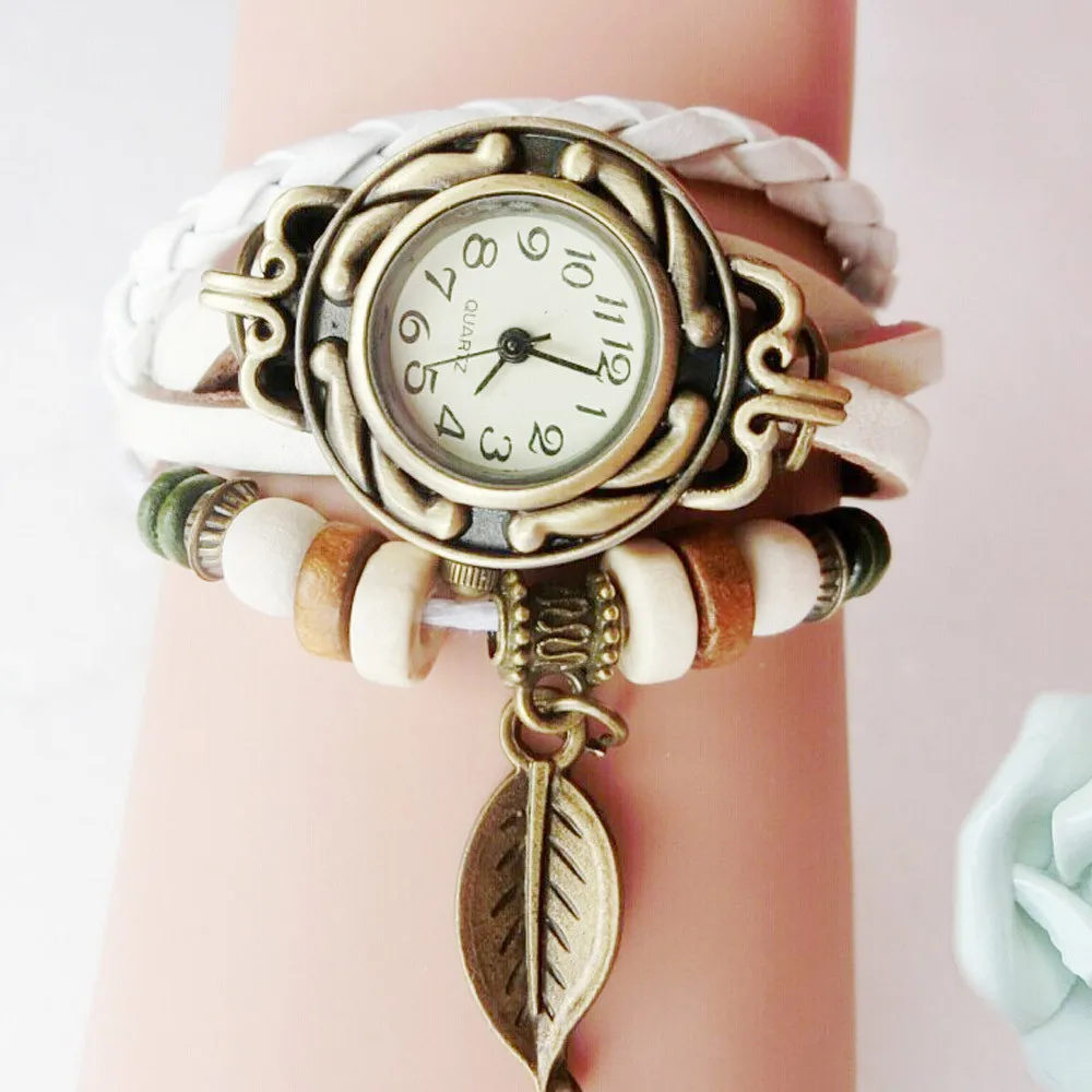 Винтажные женские часы-браслет с кожаным ремешком и подвеской в виде листа, кварцевые часы, роскошные женские наручные часы, модные часы A4 - Цвет: White