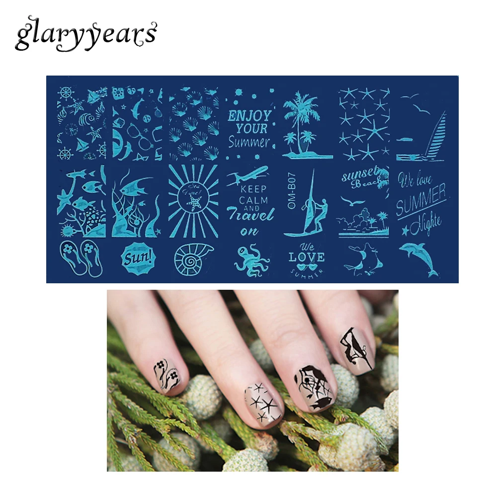 

1 Piece Nail Art Stamping Plates Template Coconut Tree Fish Design Image Pattern Print Transfer Nail Template Beach Style OM-B07