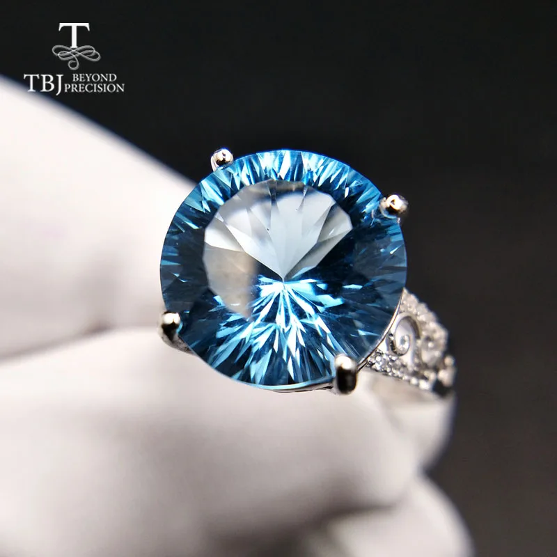 

TBJ,High-grade gemstone ring with 9.55ct baby blue topaz rd13mm concave cut in 925 sterling silver best gift for lady daily wear