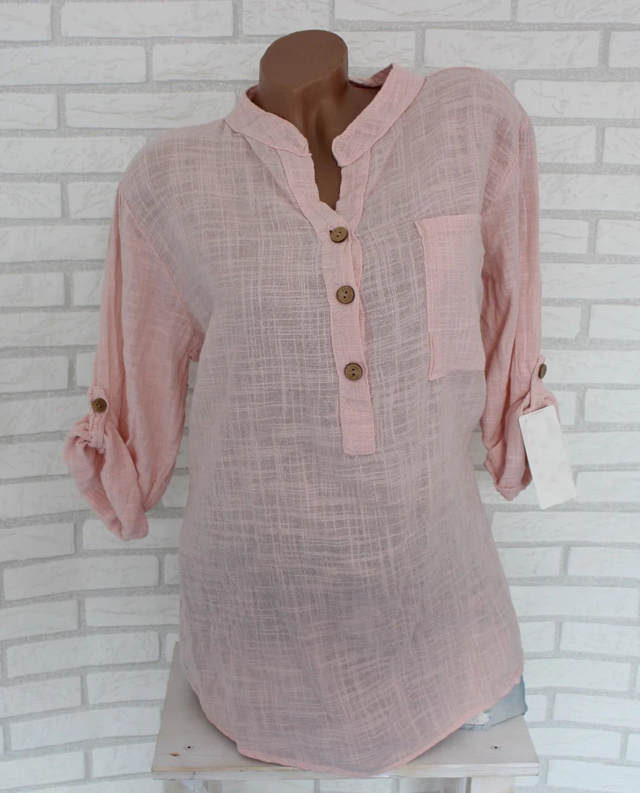 Women OL V Neck Transparent Plus Size Tops Solid Cotton and Linen Tops Casual Oversized Three Quarter Sleeve Blouses Shirts Blouses